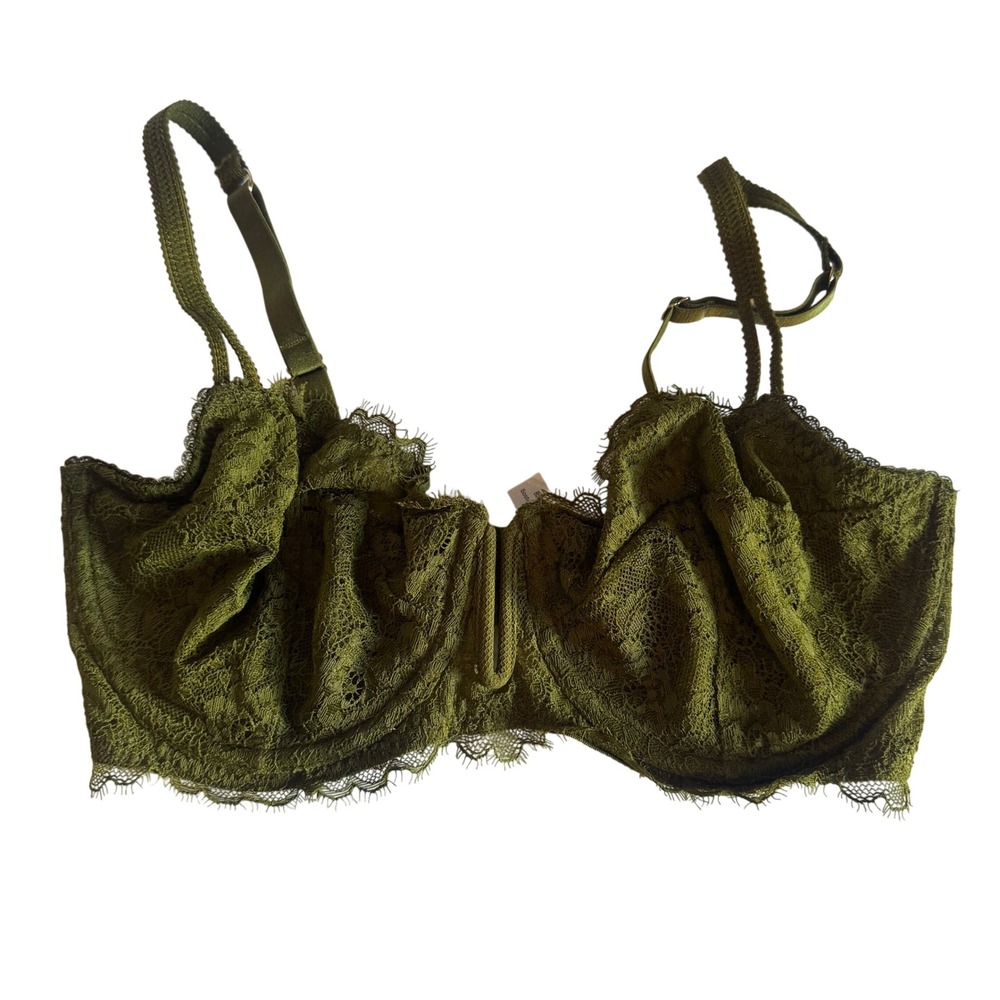 Auden Balconette Coverage Unlined Bra Olive Green Lace Mesh 34DD Underwire